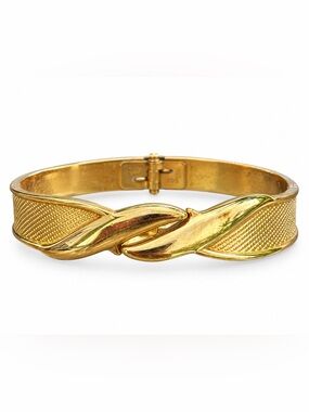 Monet Gold Tone Hinged Bangle Bracelet Textured Statement Vintage